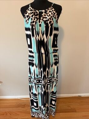 Roz & Ali Aqua, Black & White Halter-Style Printed Maxi Dress